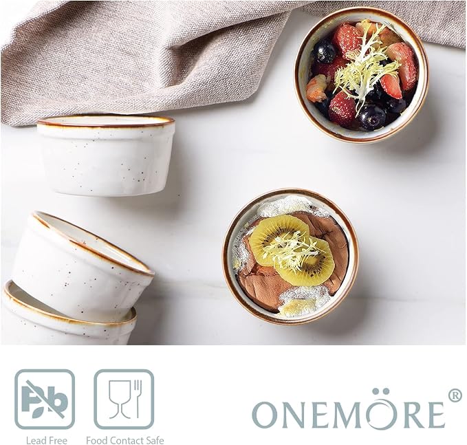 ONEMORE 12 oz Ramekins Oven Safe - Set of 6 Speckled Ceramic Souffle Dishes with Brown Rim for Baking Creme Brulee, French Onion Soup, Pot Pies, and More | Rustic Design with Warm Cream Glaze