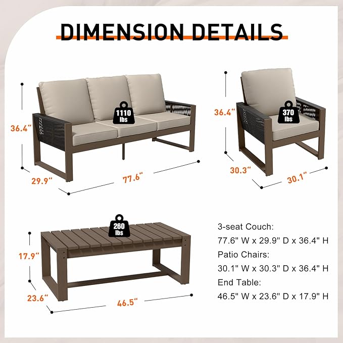 Rustic Hideaway Natural Cedar Wood Outdoor Furniture Set, Wicker Patio Conversation Set for Porch Garden Backyard, Couch, 2 Patio Chairs and Coffee Table, 4 Piece, Brownish/Beige