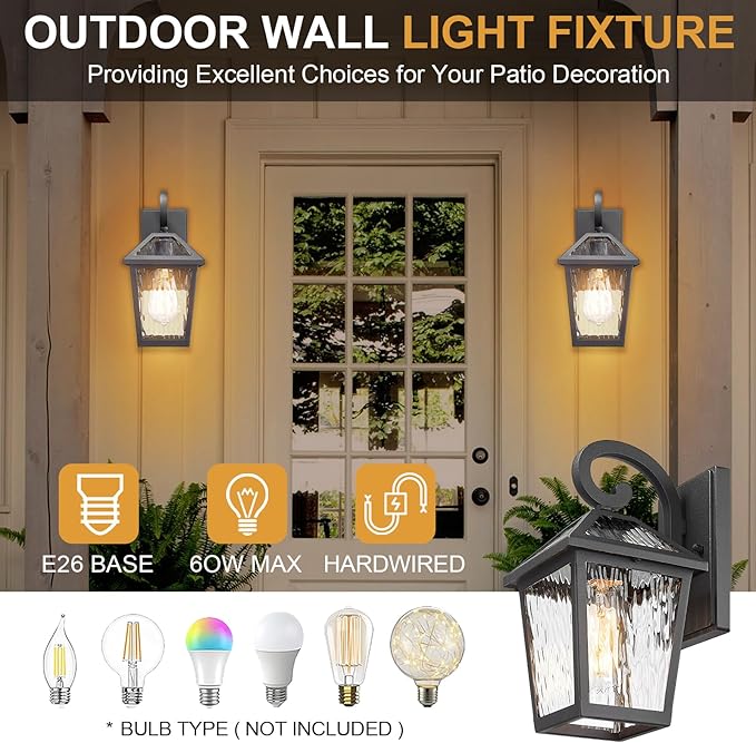 Outdoor Lights Fixtures Wall Mount, Outdoor Wall Lantern with Water Ripple Glass, Waterproof Outside Exterior Wall Sconce Lights Fixture for House, Front Porch, Patio, Matte Black, 2Packs