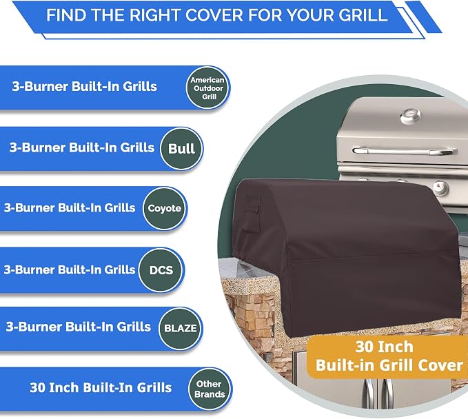 Covers & All Built-in Grill Cover for Outdoor Grill – Heavy Duty 12 oz Waterproof Built-in BBQ Grill Cover, PVC-Coated Polyester with Elastic Hem for Snug Fit (30 x 26 x 14 inches, Coffee)