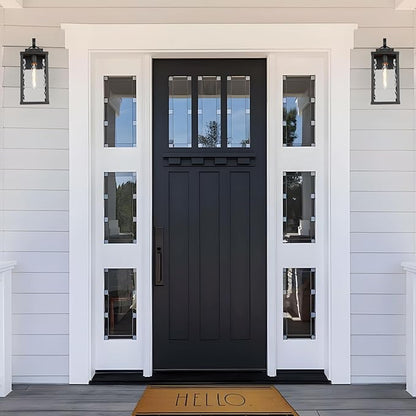 Outdoor Wall Light Fixture, Modern Black Exterior Wall Lantern with Water Ripple Glass, Farmhouse Vintage Waterproof Wall Sconce Porch Light for Patio, Garage, Front Door, Garden, Yard, E26
