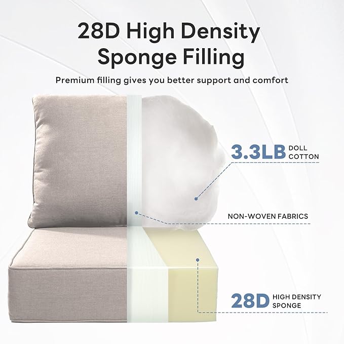 6" Thicker Outdoor Chair Cushion 6 Sets - 24" *24" *6" Waterproof Patio Furniture Cushions with Removable Cover, 28D High Density Sponge Filling Thicken Outdoor Patio Cushions - Beige