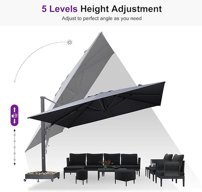 PURPLE LEAF 11' X 15' Rectangle Patio Umbrella Large Outdoor Aluminum Offset Umbrella with 360° Rotation Cantilever Umbrella with Base Included for Garden Deck Backyard Pool Grey