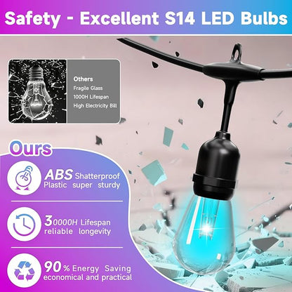 RGB Safety String Lights 200FT - Commercial Grade Low Voltage Strand with 80 S14 Shatterproof Bulbs for Tree Garden Yard bistro Cafe | RGB Party Lights & Outdoor Lights | IP65 Waterproof | UL Listed