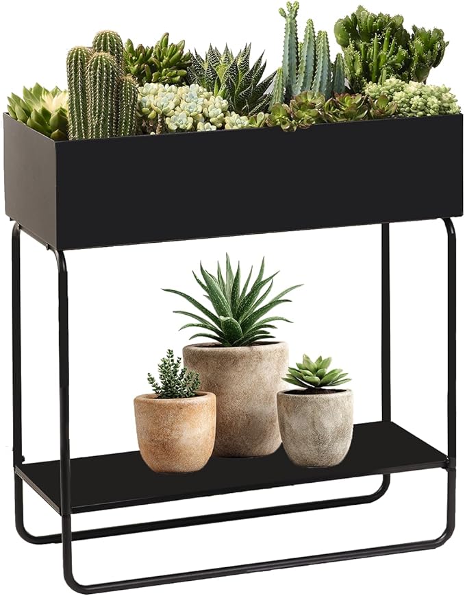 Metal Raised Garden Bed, 23.6W x 9.8D x 25.6H inches, with Storage Shelf, Powder Coated Planter Box, Floor Standing, Indoor and Outdoor