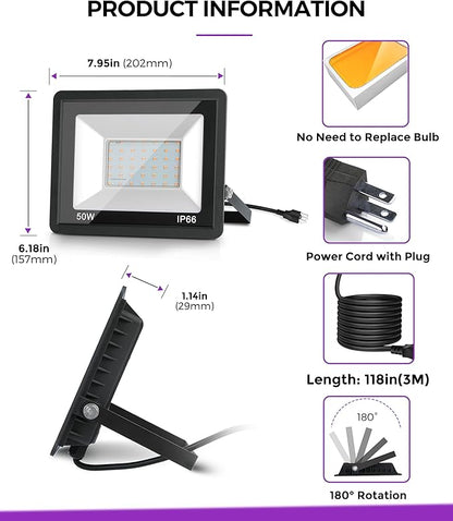 L LOHAS LED Purple Christmas Halloween Flood Light Outdoor, 𝑨𝒖𝒕𝒐 𝑶𝑵/𝑶𝑭𝑭 50W Plug in Flood Light, IP66 Waterproof 2300lm Outdoor Lights for Yard, Garage, Party, UL Listed