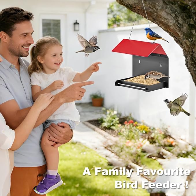 FANHAO Metal Bird Feeder for Outdoor, Hanging & Wall Mounted Wild Bird Feeder with Perch and Drainage Mesh, Weatherproof Hanging Platform Bird House for Attracting Birds, Easy to Clean & Refill