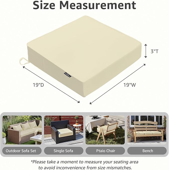 PatioGlow Outdoor Chair Cushions 19 x 19 x 3 Inch, Waterproof & Fade Resistant Patio Seat Cushion for Furniture with Handle and Ties, Thick Seating Pads for Outside Sofa Couch Set of 2, Beige