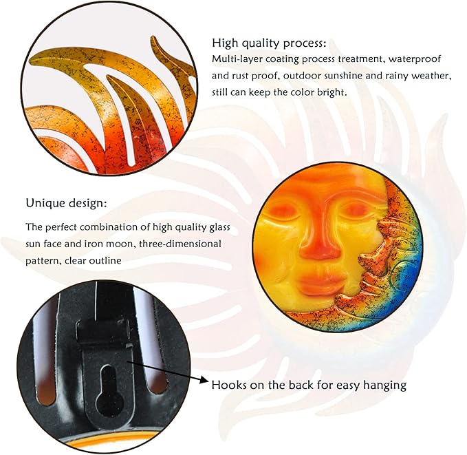Tuokiuhn Large Sun Metal Outdoor Wall Art Decor Metal Sun Moon Wall Decor Outdoor Art Hanging Living Room Garden 28 Inch