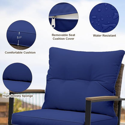 EAGLE PEAK 3 Piece Mojave Dusk Outdoor Conversation Set, Patio Wicker Furniture, 2 Rocking Chairs and Side Table, Light Brown/Blue