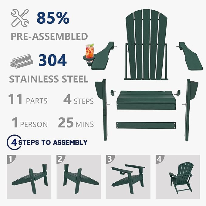 Plawdlik Folding Adirondack Chair, SGS Tested, Wooden Textured with Cup Holder, Heavy All-Weather HDPE Comfortable Set Poolside Backyard Lawn Green