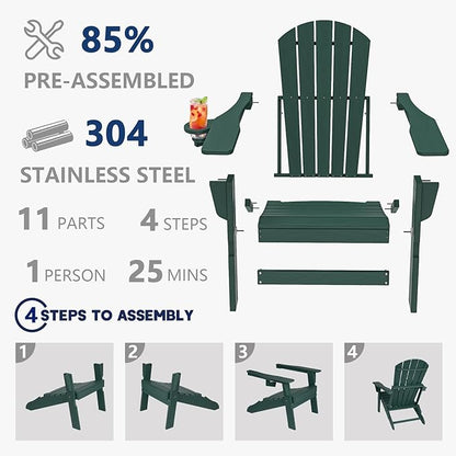 Plawdlik Folding Adirondack Chair, SGS Tested, Wooden Textured with Cup Holder, Heavy All-Weather HDPE Comfortable Set Poolside Backyard Lawn Green Set 2