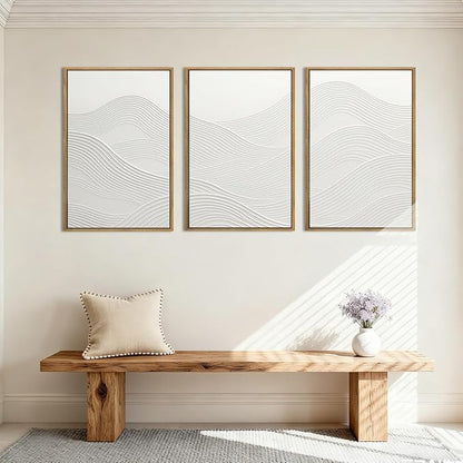 Anyzal Large White Textured Framed Wall Art 16x24 Inch Neutral Abstract Modern Canvas Wall Decor Gray Minimalist Ocean Waves Artwork for Living Room Bedroom Office Set of 3