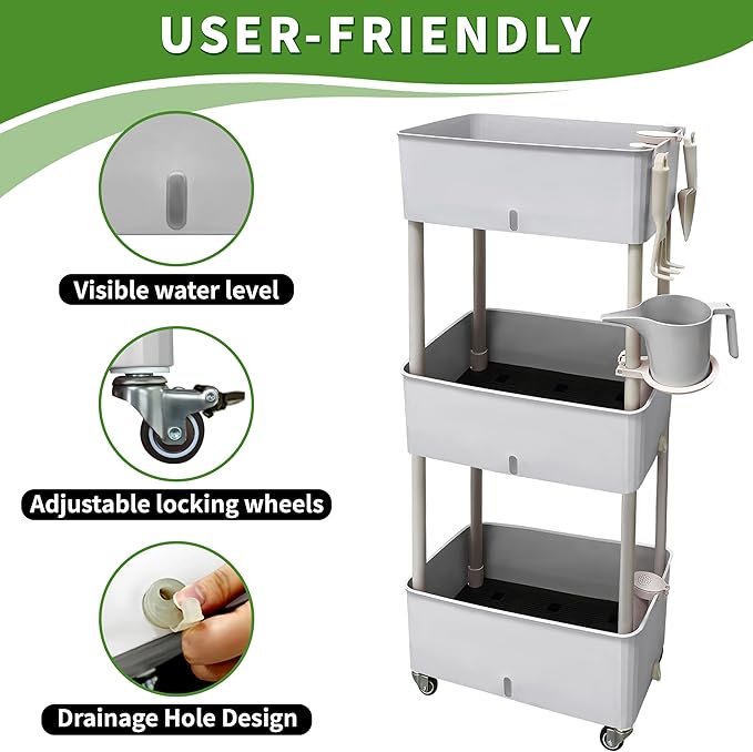 MNKXL Self-Watering Raised Planter Box with Lockable Wheels,3-Tier Elevated Garden Bed with Visible Water Level Window,Indoor Outdoor Plastic Plant Box for Flowers,Vegetables & Herbs