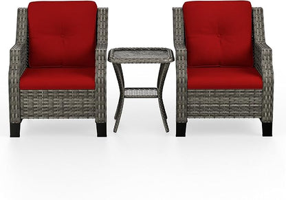 Patio Furniture Set 3 Pieces-Patio Chairs Set of 2 and A Side Table with Thick Cushions and All-Weather PE Wicker for Garden, Patio and Porch, Red
