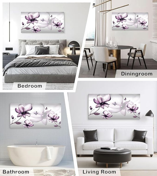 Muolunna BK06598 Purple Magnolia with Butterfly Flower Canvas Wall Art Picture 1 Panel 3D Wallpaper Modern Art Prints Painting for Bedroom Modern Office Wall Decor Artwork