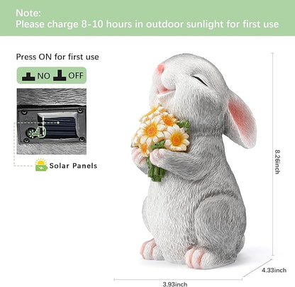 Solar Rabbit Garden Statues Outdoor Bunny Decor Resin Rabbit Figurine Holding Sunflower with LED Lights for Proch Patio Lawn Yard Christmas Birthday Gardening Gifts for Mom Women