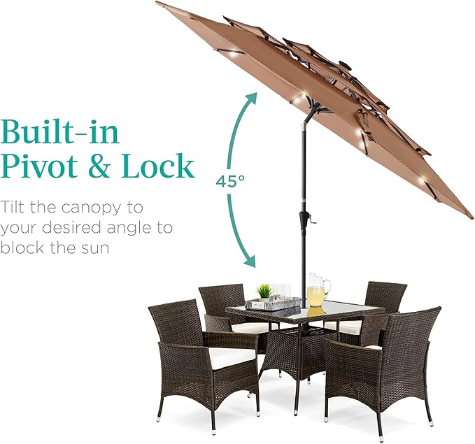 Best Choice Products 10ft 3-Tier Solar Patio Umbrella, Outdoor Market Sun Shade for Backyard, Deck, Poolside w/ 24 LED Lights, Tilt Adjustment, Easy Crank, 8 Ribs - Tan