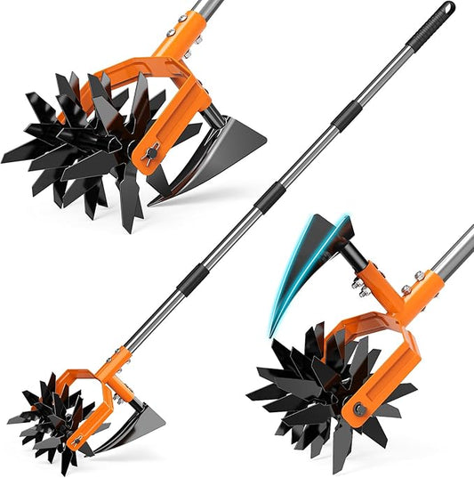 GINMIC Hand Tiller Garden Cultivator, Garden Tiller with Upgrated Triangle Hoe and Adjustable Long Handle, 2-in-1 Weeder & Soil Aerator for Lawn Care, Cultivate, Plant, Reseed, Gardening Hand Tools