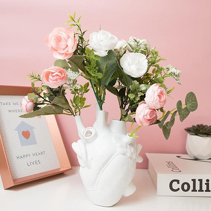 Resin Vase Planter, Decorative Heart Vase - Anatomical Heart Tabletop Decorative Craft, Farmhouse Living Room Bedroom Countertop (White,Large)