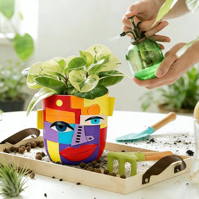 XMGZQ Abstract Cubism Face Planter,Pop Art Sculpture & Vase Decor,Unique Picasso Style Flower Pot,for 4-6 Inch Succulents & Houseplants,Drainage Hole Included,Statement Gift (Mid-Century Modern)