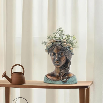 DiliComing Head Planter Face Plant Pots - 10 Inch Flower Pot Succulents Large Outdoor Planters Indoor with Drainage Resin Lady Black Statue for Garden Home Decor Porch Gift for Plant Lovers