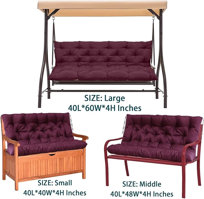 Swing Replacement Seat Cushions, 2-3 Seater Bench Cushions for Outdoor Furnitur with Backrest, Garden Recliner Seat Cushions Waterproof Sofa Pads (Wine Red, 60x40in)