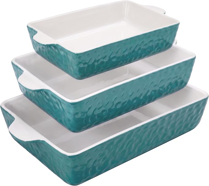 NutriChef 3-pc Casserole Dish Set for Oven, Ceramic Lasagna Baking Dishes, Deep Serving Dish with Handles - Aqua, (14.7"/ 10.8"/ 7.9")