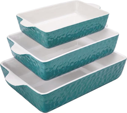 NutriChef 3-pc Casserole Dish Set for Oven, Ceramic Lasagna Baking Dishes, Deep Serving Dish with Handles - Aqua, (14.7"/ 10.8"/ 7.9")