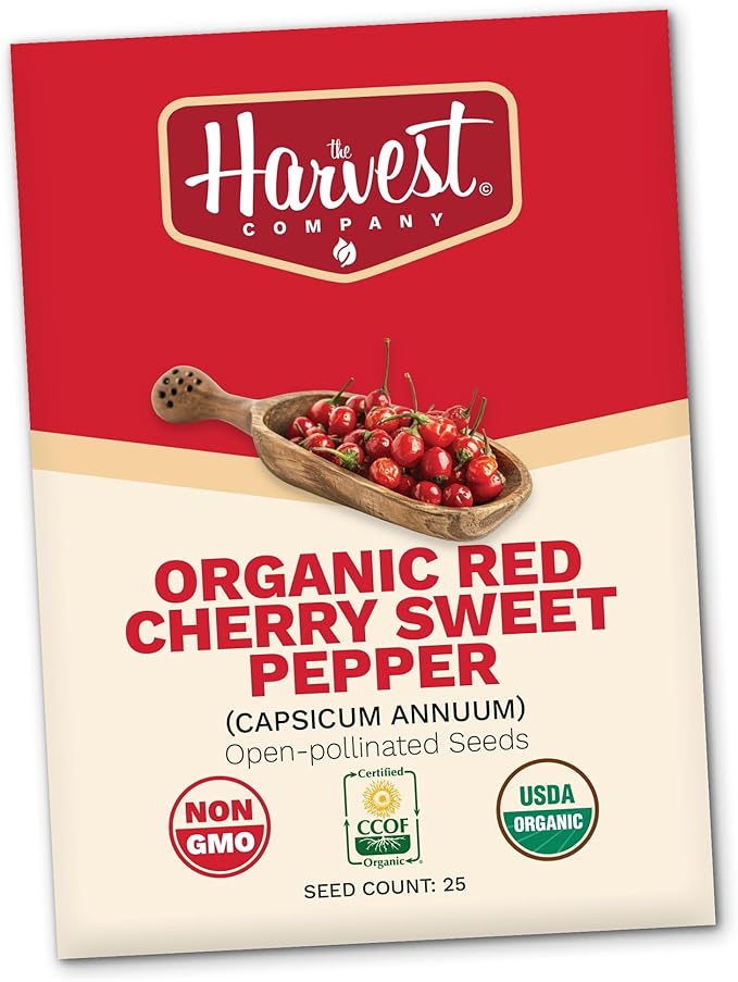 The Harvest Company Organic Red Cherry Sweet Pepper, Non-GMO, Certified USDA Organic, Open-Pollinated Garden Seeds for Indoor Outdoor Planting, 25 Seeds