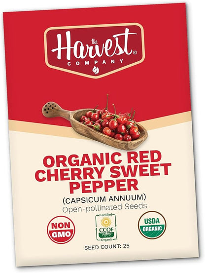 The Harvest Company Organic Red Cherry Sweet Pepper, Non-GMO, Certified USDA Organic, Open-Pollinated Garden Seeds for Indoor Outdoor Planting, 25 Seeds