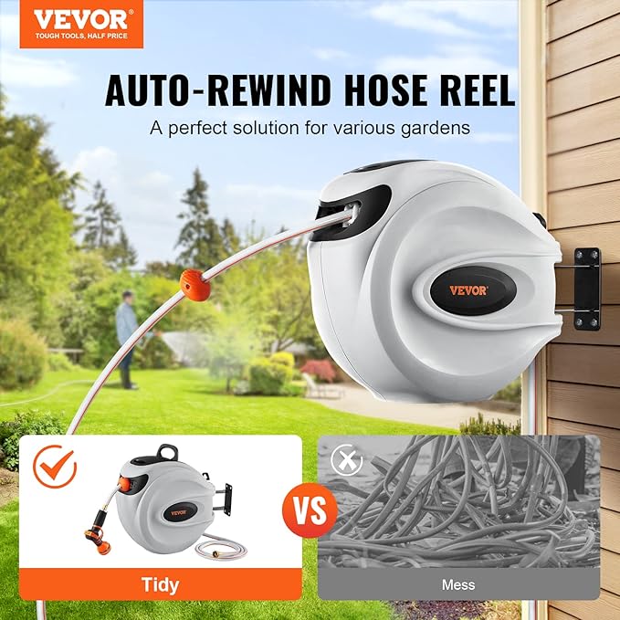 VEVOR Retractable Hose Reel, 130 ft x 1/2 inch, Garden Water Hose Reel with 9-Pattern Nozzle, 180° Swivel Bracket Wall-Mounted, Automatic Rewind, Lock at Any Length, with Slow Return System
