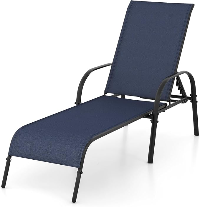 Giantex Patio Lounge Chair, Outdoor Chaise Lounge with 5 Adjustable Backrest, Sturdy Steel Frame, Sunbathing Recliner, Tanning Chair for Beach, Outside, Yard, Balcony, Pool Chairs, Navy