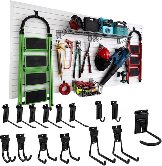 FRAYSCENT Slat Wall Paneling Garage Slat Wall Storage Systems Slatwall Panels Power Tool Organizer Wall Mount, PVC Garage Storage & Organization Products Slate Board (White, 4ft x 8ft with 15 Hooks)