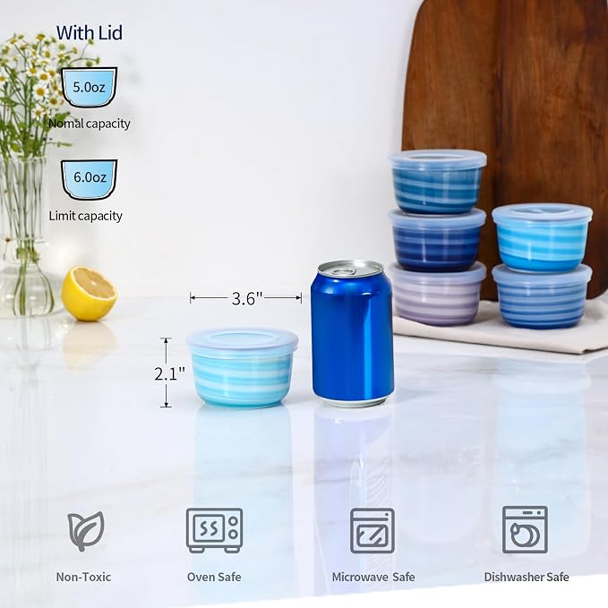 Selamica Ramekins with Lids, 6 oz Ramekins Oven Safe for Creme Brulee, Souffle, Porcelain Custard Cups for Baking, Stackable Ramekin Bowls for Pudding, Dipping, Set of 6, Gradient Blue