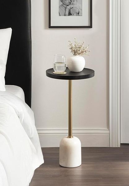 Kate and Laurel Shorrock Round Mango Wood Side Table, 12 x 12 x 24, Black, Gold, and White Marble, Modern Pedestal End Table with Marble Base for Bedroom Nightstand or Living Room Plant Stand