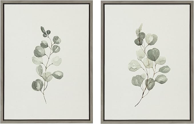 Kate and Laurel Sylvie Eucalyptus 4a & Eucalyptus 4b Framed Canvas Wall Art Set by Maja Mitrovic of Makes My Day Happy; 2 Piece 18x24 Gray; Farmhouse Plant Art Wall Décor