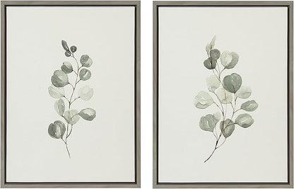 Kate and Laurel Sylvie Eucalyptus 4a & Eucalyptus 4b Framed Canvas Wall Art Set by Maja Mitrovic of Makes My Day Happy; 2 Piece 18x24 Gray; Farmhouse Plant Art Wall Décor