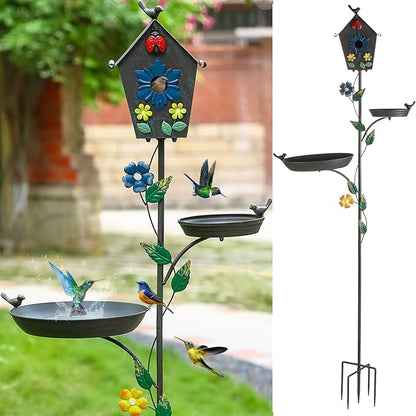 Metal Bird Bath Feeder and Bird House on Pole, 69.5" H Free Standing Bird Houses, Tall Cast Iron Bird Baths with 5-Prong Stake, Stylish Birdhouse with Birdbath Bowl for Outdoors Garden Yard Decor