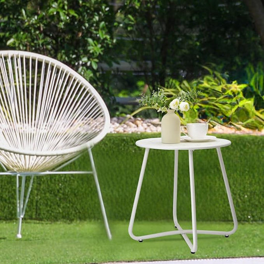 danpinera Outdoor Side Tables with Flower Cut Outs, Weather Resistant Steel Patio Side Table, Small Round Outdoor End Table Metal Side Table for Patio Yard Balcony Garden White