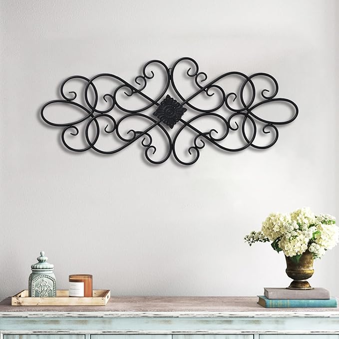 Sintosin Black Wrought Iron Wall Decor 32" x 13", Hanging Flower Scroll Metal Wall Art Decor, Living Room Wall Decor, Vintage House Decorations for Indoor Outdoor Fireplace Bedroom