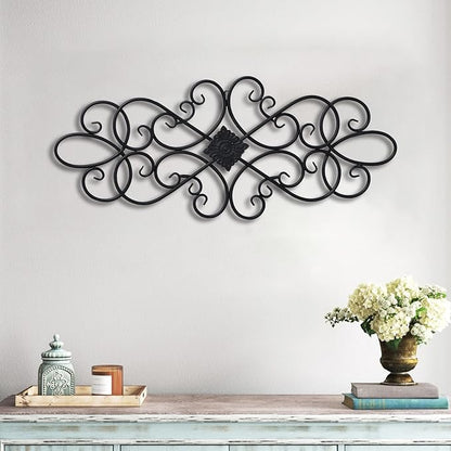 Sintosin Black Wrought Iron Wall Decor 32" x 13", Hanging Flower Scroll Metal Wall Art Decor, Living Room Wall Decor, Vintage House Decorations for Indoor Outdoor Fireplace Bedroom