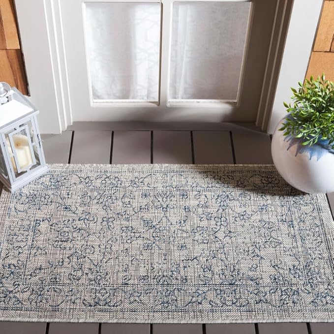 SAFAVIEH Washable Rug Outdoor Courtyard Collection - 2'3" x 5', Grey & Navy, Non-Shedding & Easy Cleaning, Ideal for Patio, Front Door, Entryway, Mudroom, Doormat (CY8680-36812)