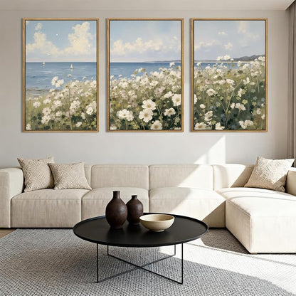 Anyzal Large Farmhouse Flower Framed Wall Art 16x24 Inch Coastal Wildflower Canvas Wall Decor Modern Landscape Painting for Living Room Bedroom Dining Room Set of 3