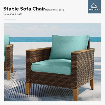 MFSTUDIO 7 Piece Extra Large Wicker Patio Furniture Set, 2 x Single Chair, 2 x Ottoman, 3-Seat Sofa, All-Weather Outdoor PE Rattan Patio Conversation Set for Garden, Backyard(Aqua Blue Cushions)