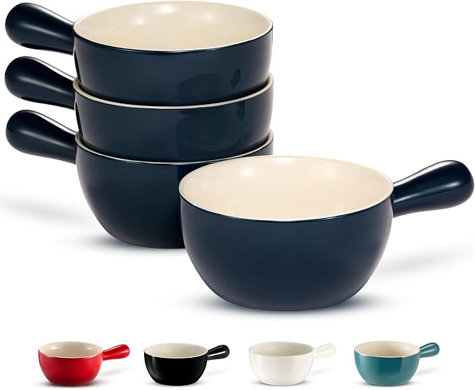 KooK French Onion Soup Crocks, Stackable Ceramic Bowls with Handles, Oven, Microwave and Dishwasher Safe, for Cereal, Soups, Casseroles, with Handle, Stoneware, 24 oz, Set of 4, Navy