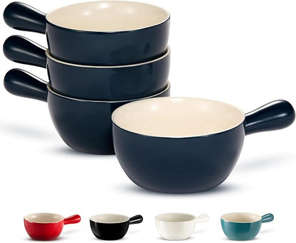KooK French Onion Soup Crocks, Stackable Ceramic Bowls with Handles, Oven, Microwave and Dishwasher Safe, for Cereal, Soups, Casseroles, with Handle, Stoneware, 24 oz, Set of 4, Navy