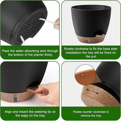 QRRICA 12/10/9 Inch Self-Watering Plant Pots with Water Level Indicator, Drainage Holes & Saucers – Large Plastic Planter Set for Indoor & Outdoor Plants(Black)