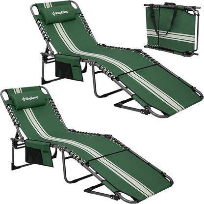 KingCamp 2 Pack Folding Lounge Chair Outdoor, Portable Tanning Chair with Face Hole Comfy Adjustable 5-Position Foldable Chaise Chaser Lounger for Outside Beach Patio Sun Bathing Pool, Green/White