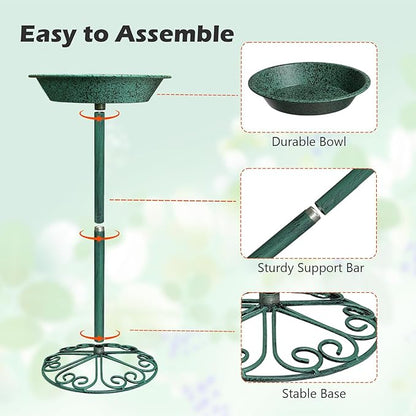 Freestanding Birdbath for Outside, 25.5 inch Height Outdoor Garden Bird Bath, Metal Bird Feeder with Magnetic Dragonfly for Garden Yard Patio Lawn Decor, Green